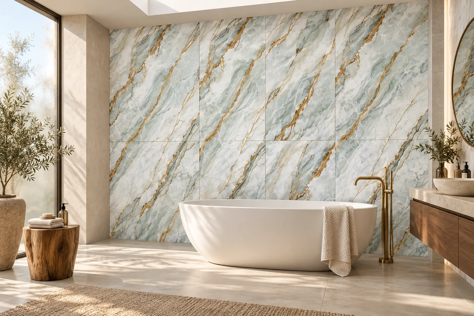 Mise en scène : salle de bain avec un mur en carrelage AQUA
