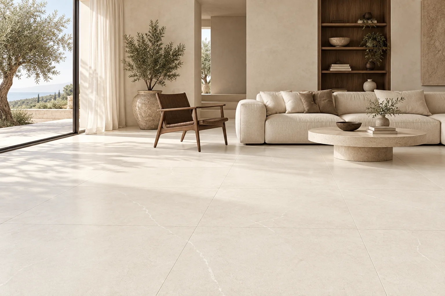 Mise en scène : salon avec le carrelage BERLIN Crema