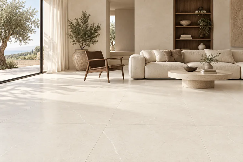 Mise en scène : salon avec le carrelage BERLIN Crema